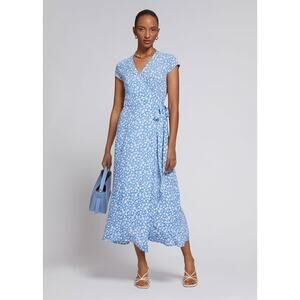 & Other Stories Floral Blue Wrap Midi Dress Short Sleeve V-Neck Summer Size 40